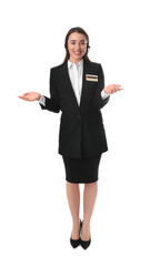 Poster - Full length portrait of receptionist with headset on white background