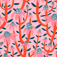 Wall Mural - Seamless pattern with abstract flowers in hand-drawn style. Floral print design for fabric, wrapping or wallpaper. 