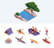 Rafting on river. Traditional sport touristic team on kayak travelling boats canoeing vessel adventure garish vector illustrations set
