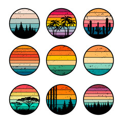 Poster - Sunset retro badges. 90s vintage stylized colored gradients templates for labels design grunge surfing ocean logos recent vector vector collection set