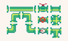 Tubes And Pipes Plumbing Pixel Art Set. Gas Or Water Pipelines Steam Pressure Counters Faucets Switches Collection. 8-bit Sprite. Game Development, Mobile App.  Isolated Vector Illustration.