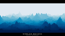Abstract Blue Landscape With Misty Fog Till Horizon Over Mountain Slopes. Gradient Eroded Terrain Surface. Worlds Beyond.