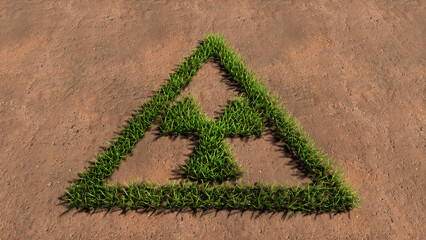 Concept or conceptual green summer lawn grass symbol shape on brown soil or earth background, nuclear danger icon. 3d illustration metaphor for warning, atomic power, ionizing energy and radiation