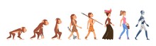 Evolution Of Woman. Hunter Girl, Homo Sapiens And Monkey. From Primate To Human And Android. Cartoon Fashion Adult And Primitive Prehistoric Decent Vector Characters