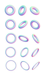 Set of holographic 3D geometric shapes torus of different sizes, thicknesses and angles isolated on white background.