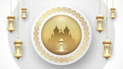 Ramadan or eid mubarak islamic festival luxury background with decorative lantern and mosque