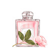 Perfume bottle and rose flower. Fashion illustration, isolated on white.