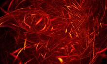 Emotional Passionate Red Hot Vortex Of Glowing Particles In Digital 3d Artwork. Fiery Powerful Pattern. Concept Of Lava Eruption Out Of Volcano. Blazing Fictional Tornado In Deep Dark Space. Abstract.