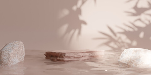 Stone Podium on the water for product presentation. Natural beauty pedestal, relaxation and health, 3d illustration.