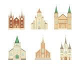 Fototapeta  - Vector set of illustrations of Catholic churches. Religious architectural building. Flat style