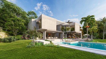 Wall Mural - Luxurious brutalist home with pool and tropical garden