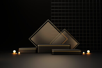 Empty Black and gold luxury podium pedestal product display and gift box background 3d rendering