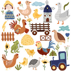  Farm of poultry, goose, quail, chicken, rooster, turkey, duck, farm truck, windmill. Rural farm poultry, on a white background. Boho farm. Vector illustration.