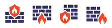 Firewall Icon Collection. Brick Wall And Fire Icon Set. Internet Security Concept.