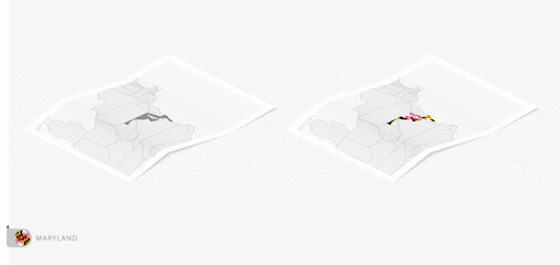 Set of two realistic map of Maryland with shadow. The flag and map of Maryland in isometric style.