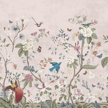 Vintage Jungle Style Wallpaper With Birds Plants And Flowers And Pink Background