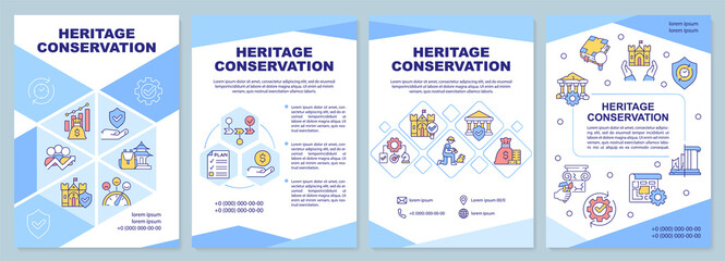 Heritage conservation blue brochure template. Landmark restoration. Leaflet design with linear icons. 4 vector layouts for presentation, annual reports. Arial-Black, Myriad Pro-Regular fonts used