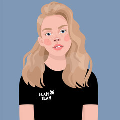 Wall Mural - a young teenage blonde girl in a black T-shirt. Avatar for a social network.  fashion illustration isolated on background. Portrait