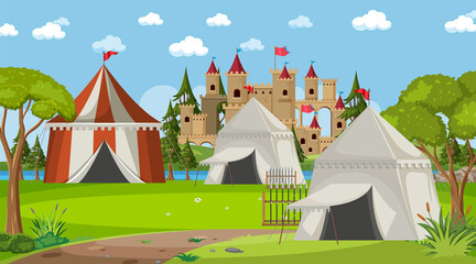 Wall Mural - Medieval town scene camp with tents and castle