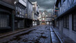 Old Victorian street with cobblestones in a town or city under grey cloudy sky. 3D illustration.