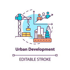 Urban development concept icon. Population growth. Social planning example abstract idea thin line illustration. Isolated outline drawing. Editable stroke. Arial, Myriad Pro-Bold fonts used