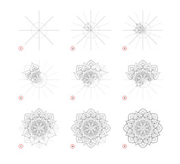 Page shows how to learn to draw sketch of beautiful oriental mandala. Creation step by step pencil drawing. Educational page for artists. Developing artistic skills. Online education. Vector image.