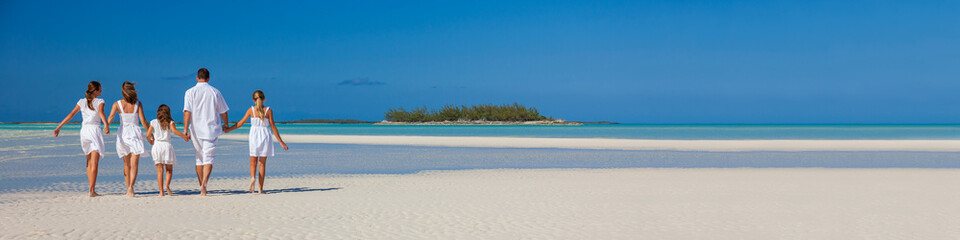 Panorama Healthy Caucasian family together on beach vacation Caribbean