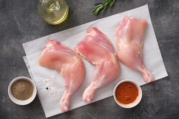 Skinless Raw chicken legs. Raw chicken legs for barbecue or soup. Fresh raw chicken legs. Top view