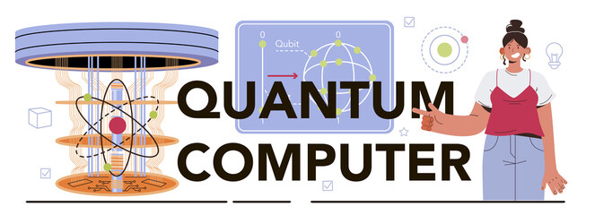 Poster - quantum computer typographic header. innovative calculations technology