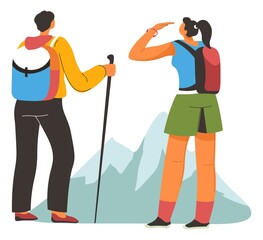 Wall Mural - trekking man and woman, hiking in mountains vector