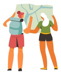 Wall Mural - backpackers reading map for trekking in mountains