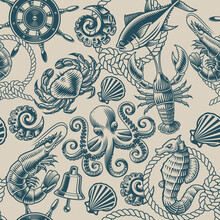 Vintage Monochrome Nautical Background With Seafood