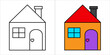 Kid drawing with house . Vector illustration in child style. Coloring book.