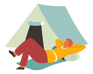 Wall Mural - man laying on mat by tent, camping weekends vector