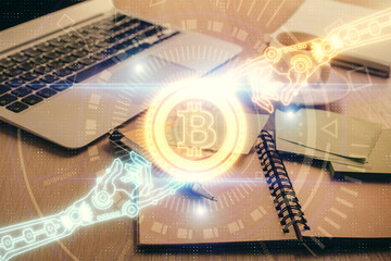 Aufkleber - Double exposure of crypto technology drawing and desktop with coffee and items on table background. Concept of blockchain