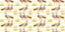 Goose Duck Pattern. Vector Seamless Geese Illustration. Egyptian Flying Bird Background. Wild Animal Hunting Drawing. Floral Vintage Print. Adorable Silhouette Wallpaper. Goose And Green Plant Pattern
