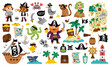 Vector pirate set. Cute sea adventures icons collection. Treasure island illustrations with ship, captain, sailors, chest, map, parrot, monkey, map. Funny pirate party elements for kids..