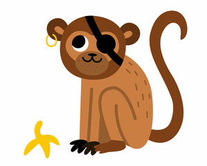 vector pirate monkey icon. cute one eye animal illustration. treasure island hunter with banana skin