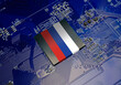 Russian flag on CPU operating chipset computer electronic circuit board