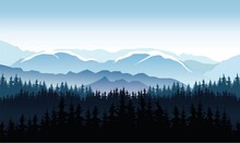 Snowy Mountains With Forest Silhouettes And Cold Misty Weather
