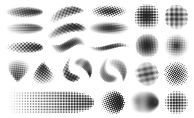 abstract halftone dotted geometric shapes with gradient. pop art dot circles and ovals. half tone sp