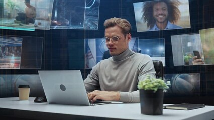 Aufkleber - Handsome Man with Animated Virtual Background: Manager Sitting at a Table, Using Laptop Computer. Social Media Posts on Walls in Augmented Reality. 360 Degree Tracking Shot. Camera Moving Around.