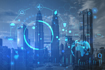 Poster - Creative glowing ECO HUD screen hologram on blurry city backdrop. Ecosystem and digital technology concept. Double exposure.
