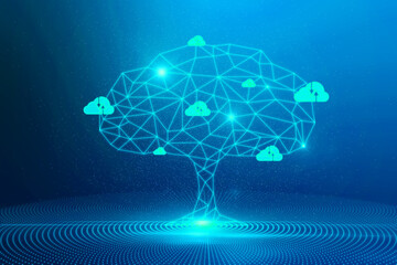 Poster - Abstract digital polygonal cloud tree on blue background. Computer, data and security concept. 3D Rendering.