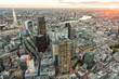 Aerial London sunset financial district city skyscrapers UK