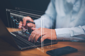 Poster - Analyst working with computer in Business Analytics and Data Management System to make report with KPI and metrics connected to database. Corporate strategy for finance, operations, sales, marketing
