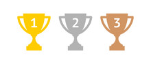 Cup Icon. Winner Award Symbol, Gold, Silver And Bronze. Competition Prize For 1st, 2nd And 3rd Place. Champion Sports Trophy. Isolated Raster Illustration On A White Background.