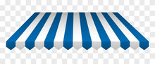 Commercial Canopy Awning For Store. Tent With White And Blue Stripes For Market, Shop With Shadows On Transparent Background. Vector Design Element.