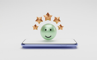 Poster - Realistic smile face with five golden stars on smartphone for customer or client evaluate after use product and service by use telephone application. 3d render technique.