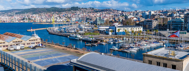 Wall Mural - A panorama view from the cruise terminal over the marina in Vigo, Spain on a spring day